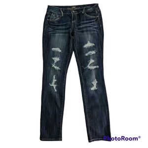 Almost Famous Jeans Junior Sz 9 Dark Blue Denim Boot Cut Destroyed Whiskers